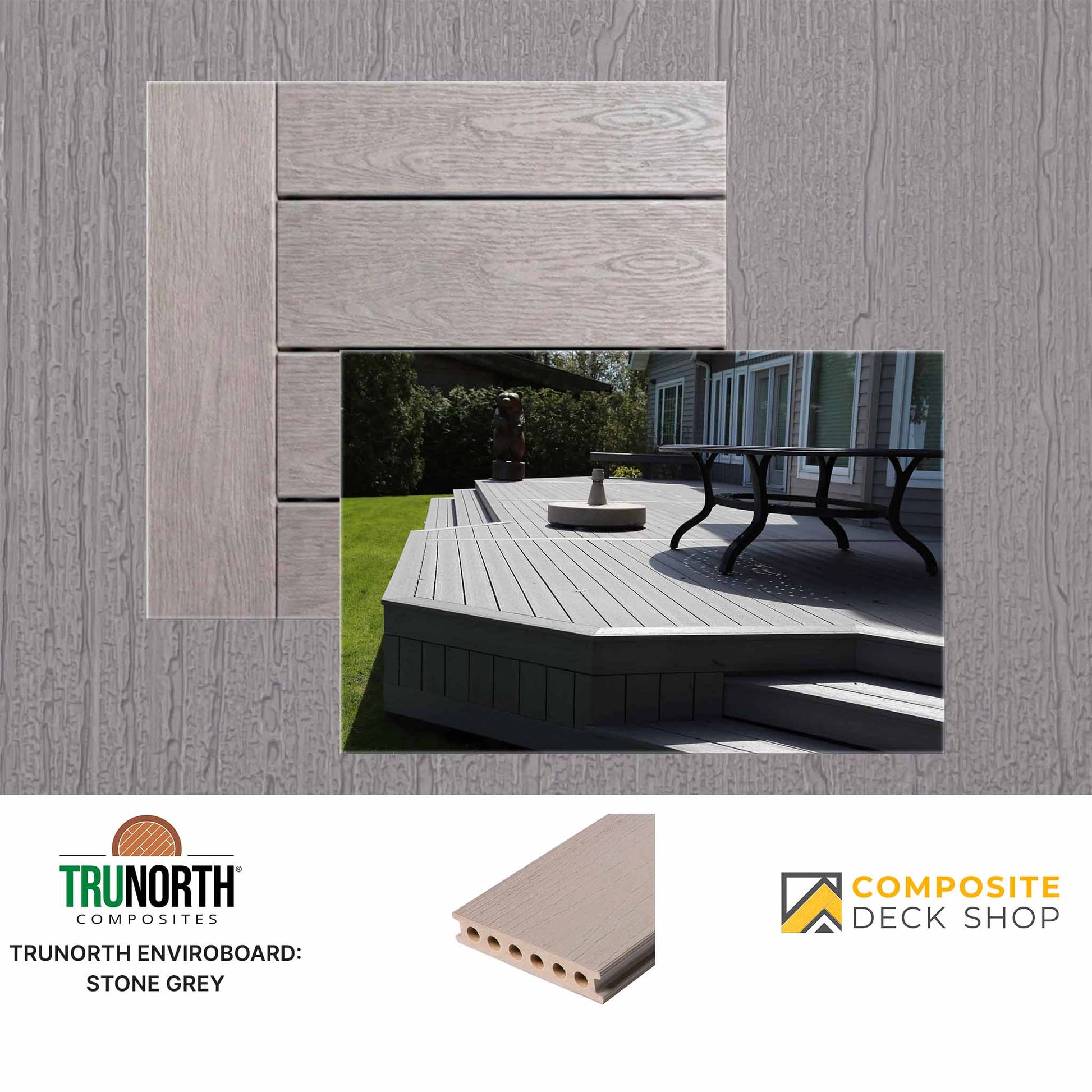 Composite deck board with outdoor setting and Trunorth Composites branding