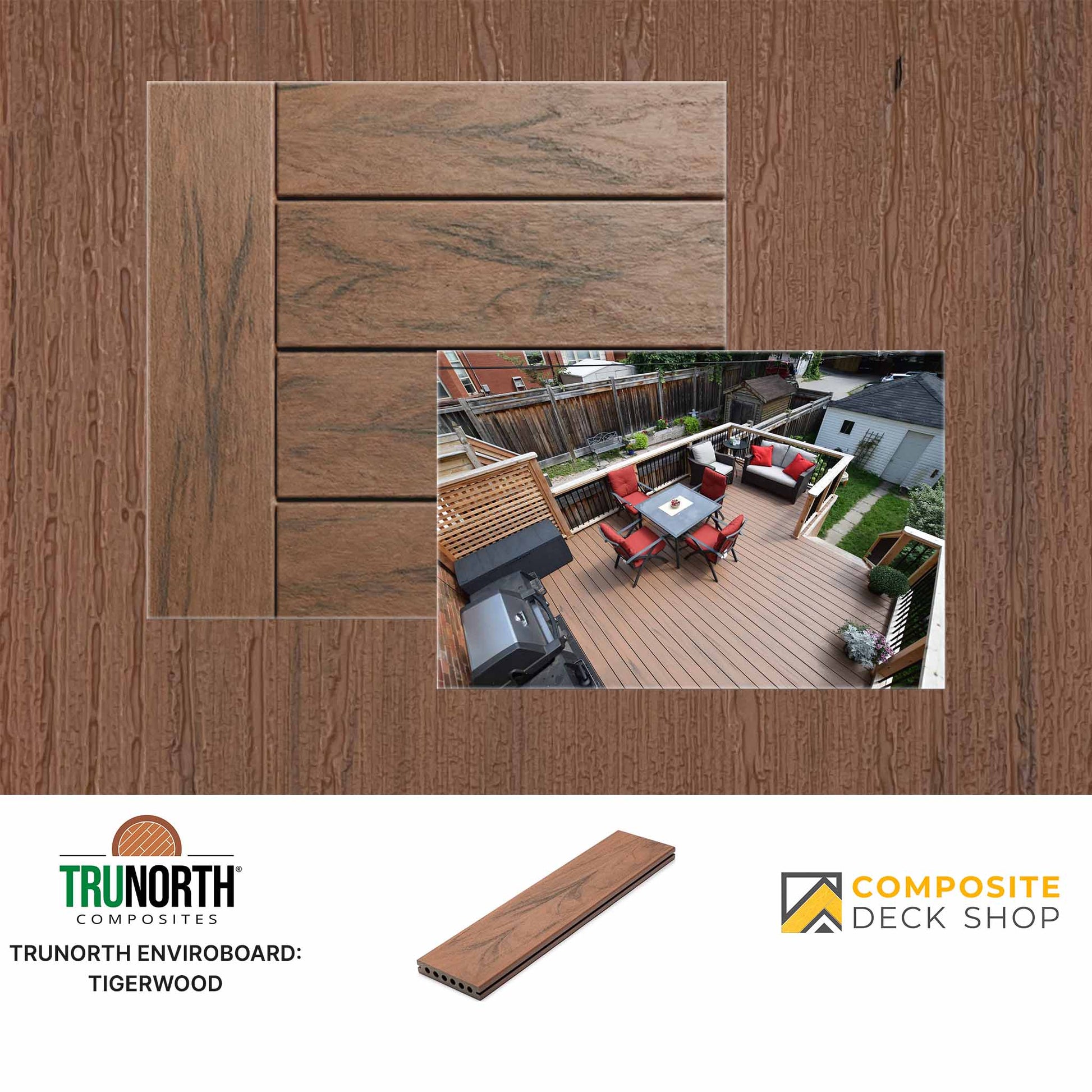 Wooden deck boards with a patio scene and brand logos at the bottom.