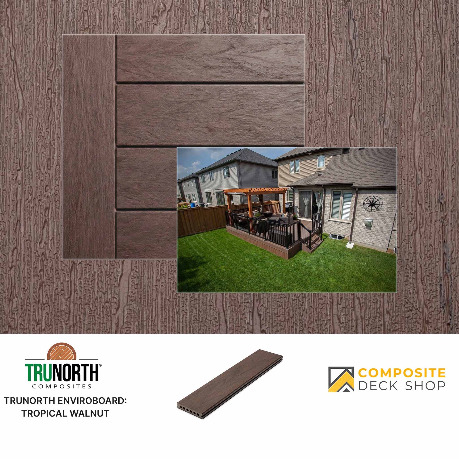 Trunorth Composites Enviroboard Tropical Walnut with a deck setup and brand logos.