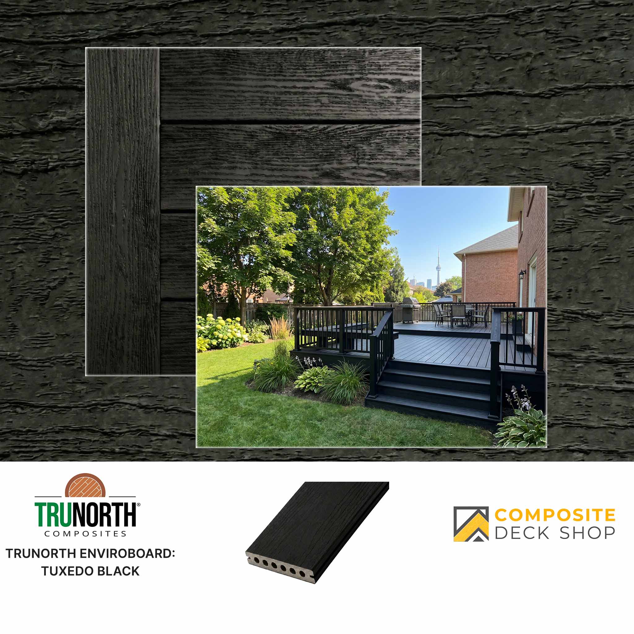 Sample board and photo of eco-friendly decking: TruNorth Enviroboard Tuxedo Black with railings in a backyard.