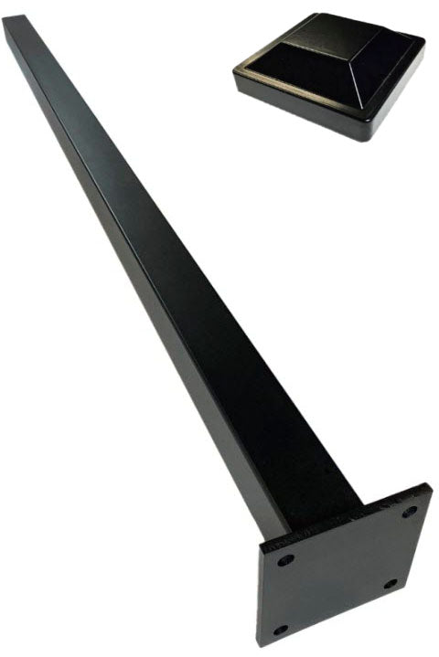 Black metal table leg with flat mounting plate, shown above next to a square cap and aluminium fence post.