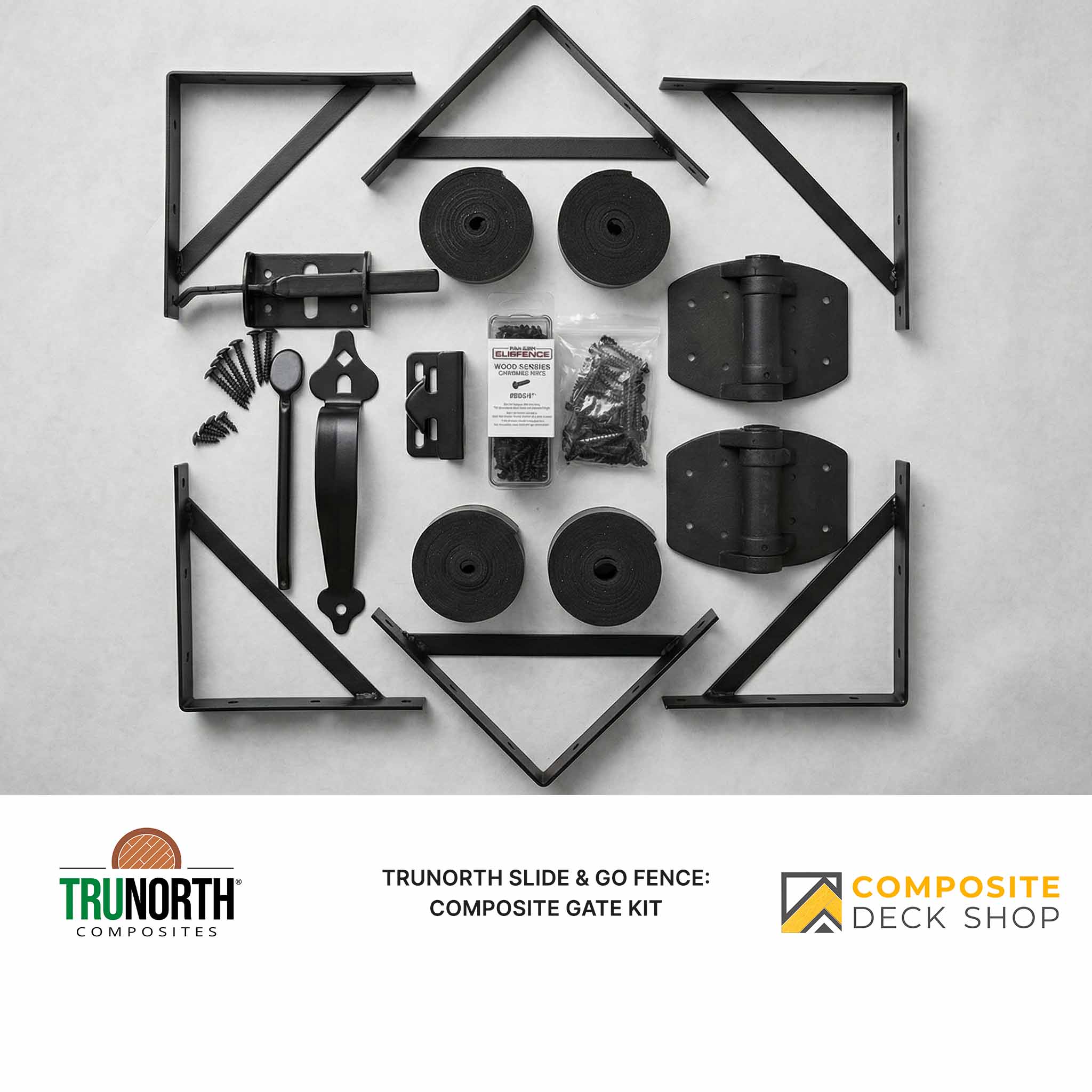 Black metal gate hardware neatly arranged on gray for a Slide & Go fence, labeled as a composite gate kit.