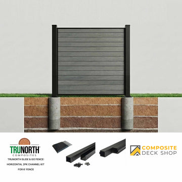 Fence panel with horizontal 2PK channel kit on a white background, featuring TruNorth Composites and Composite Deck Shop logos.