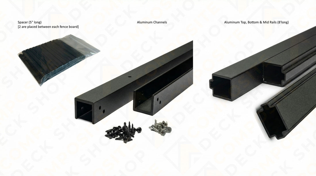 TruNorth Slide & Go Fence horizontal fence panel is installed in concrete footings, with channel kit components shown below.