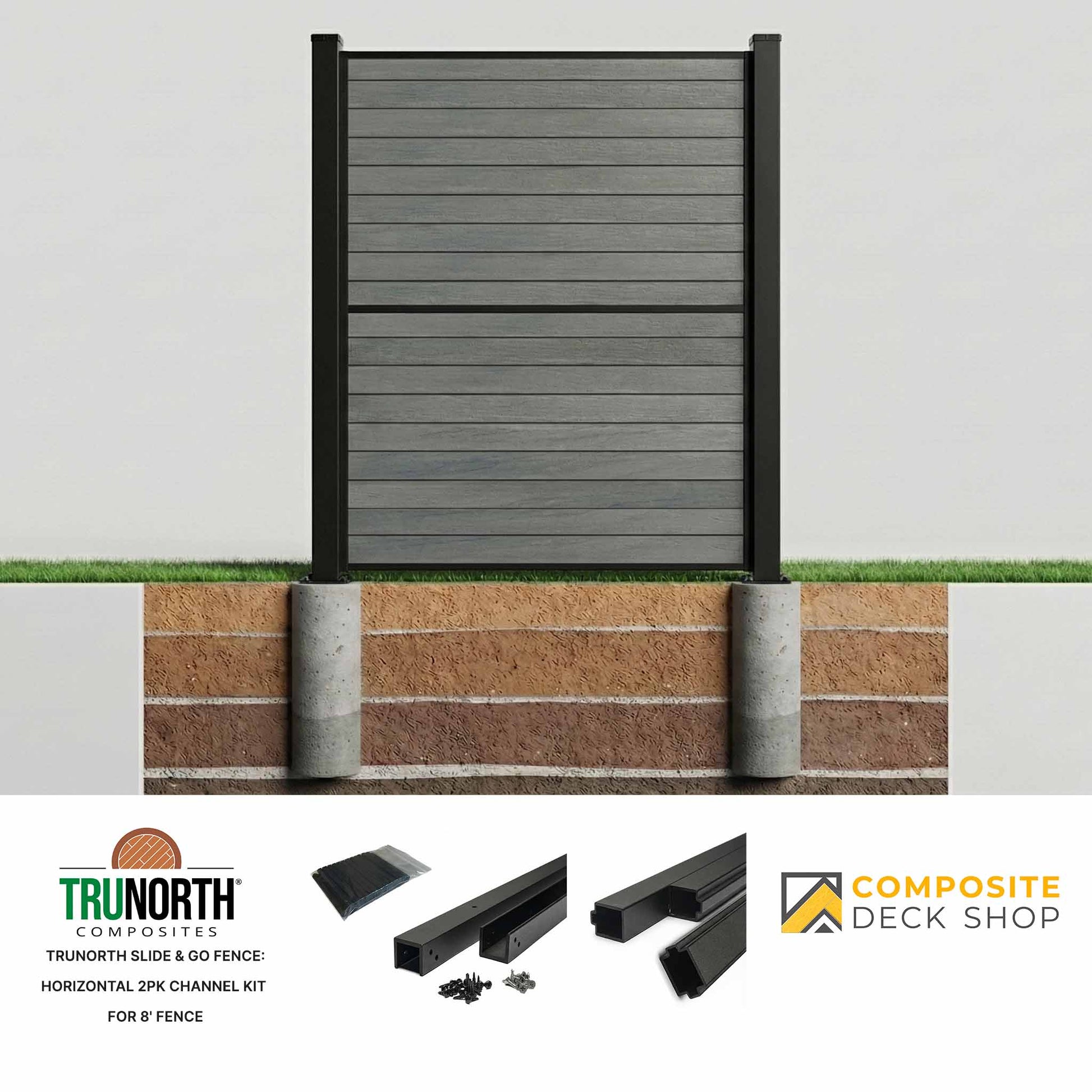 TruNorth Slide & Go Fence horizontal fence panel is installed in concrete footings, with channel kit components shown below.