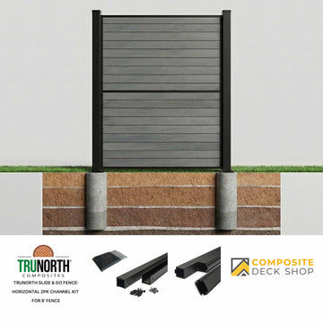 TruNorth Slide & Go Fence horizontal fence panel is installed in concrete footings, with channel kit components shown below.