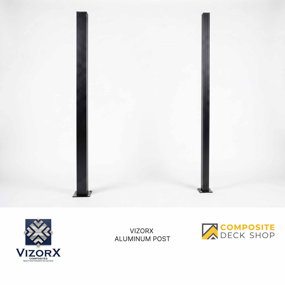 Two black Aluminum Post products for composite fencing stand upright, offering stylish structural support on a white background.