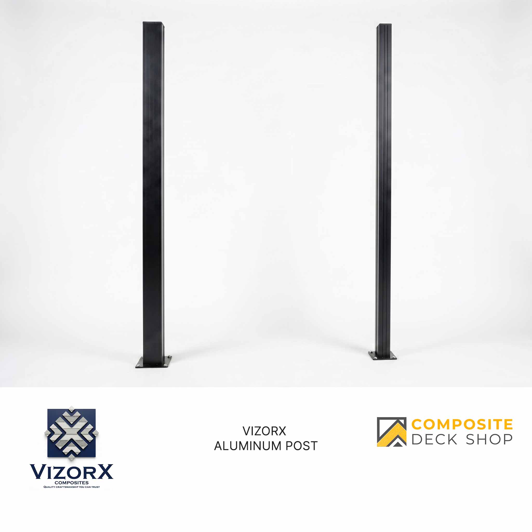Two black Aluminum Post products for composite fencing stand upright, offering stylish structural support on a white background.