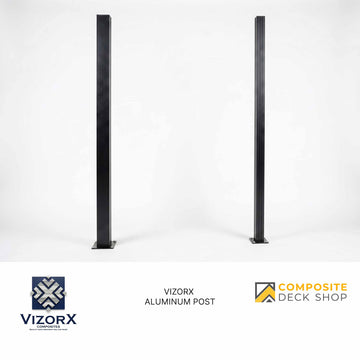 Two black Aluminum Post products for composite fencing stand upright, offering stylish structural support on a white background.