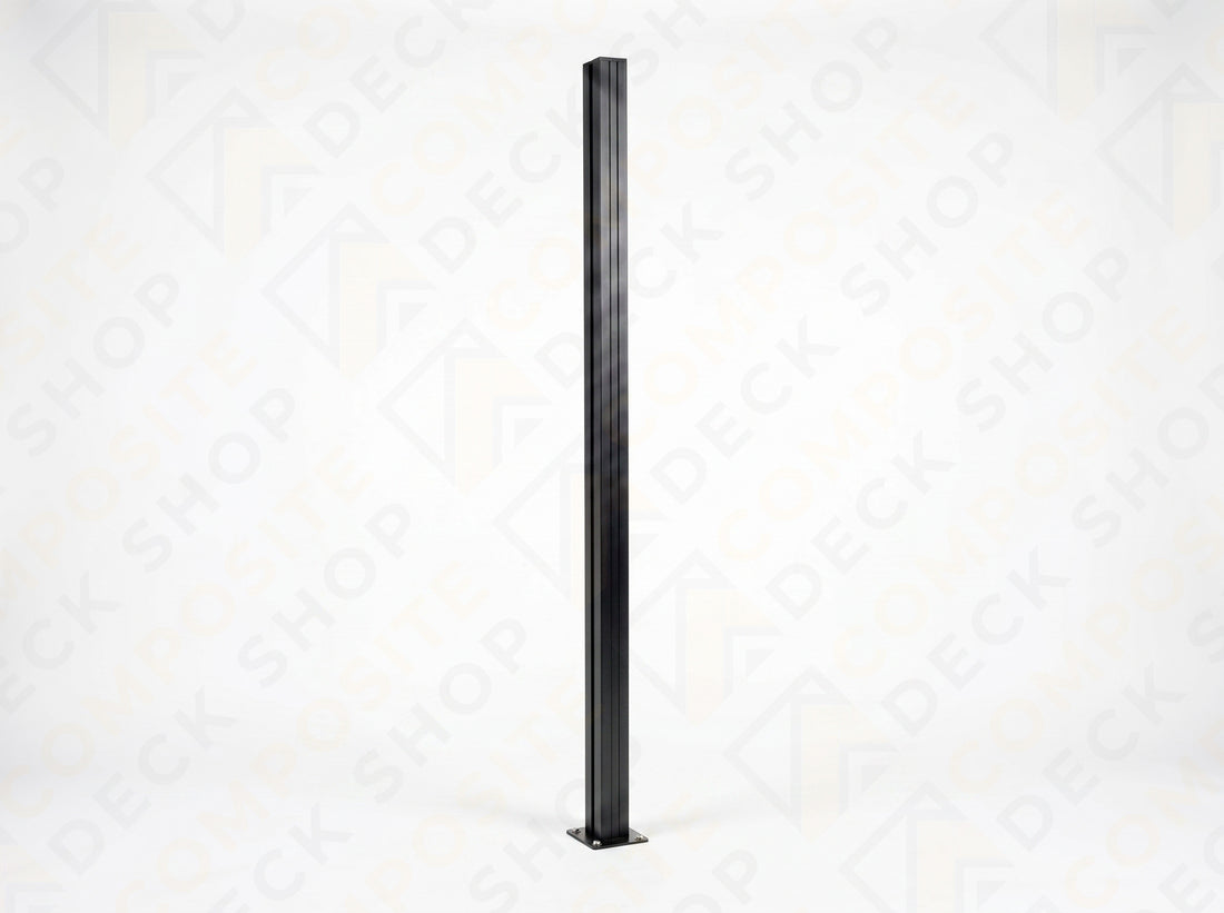 Two black Aluminum Post products for composite fencing stand upright, offering stylish structural support on a white background.