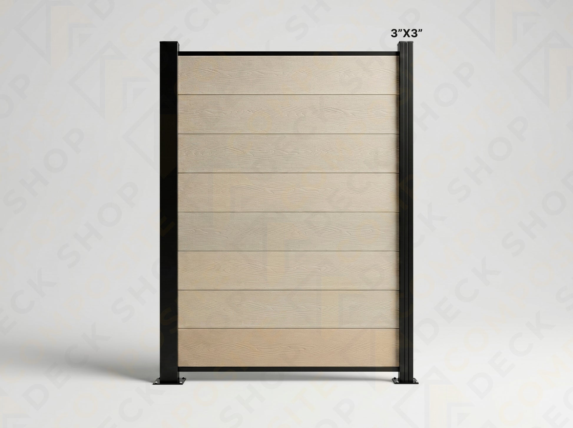 A freestanding outdoor privacy screen with horizontal light wood panels and a low-maintenance black metal 3x3 frame.