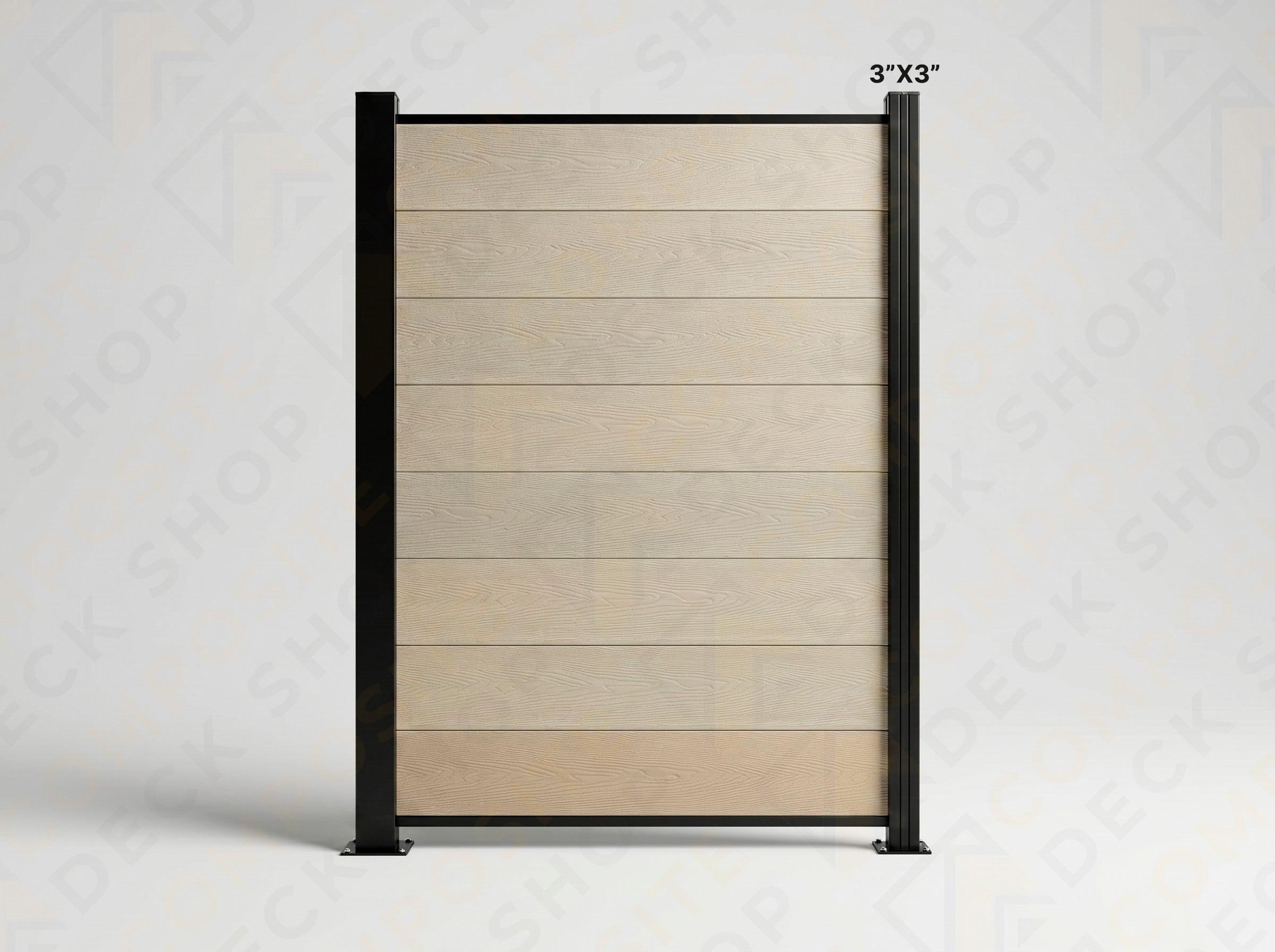 A freestanding outdoor privacy screen with horizontal light wood panels and a low-maintenance black metal 3x3 frame.