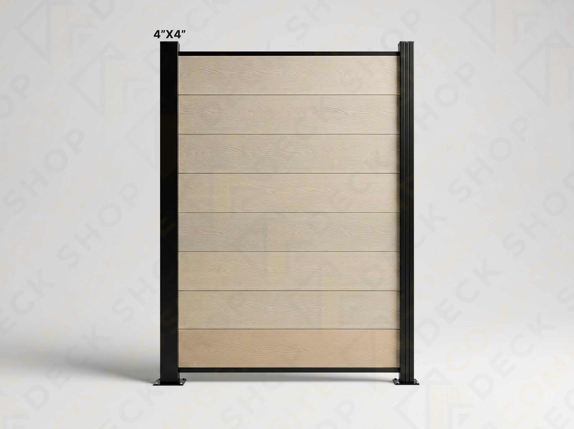 A vertical panel with horizontal wooden planks and 4X4 black metal posts for stylish, low-maintenance outdoor privacy.