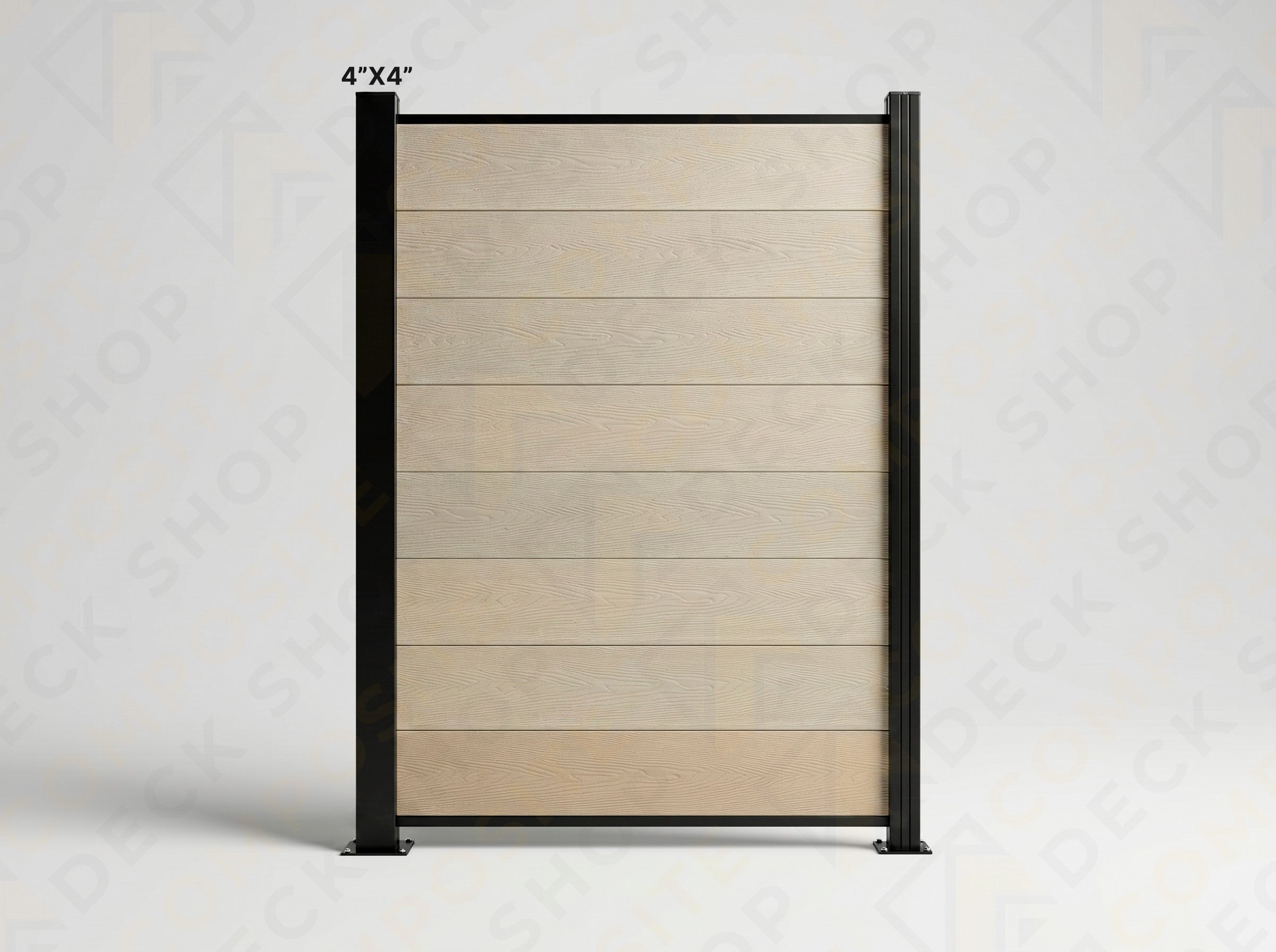 A vertical panel with horizontal wooden planks and 4X4 black metal posts for stylish, low-maintenance outdoor privacy.
